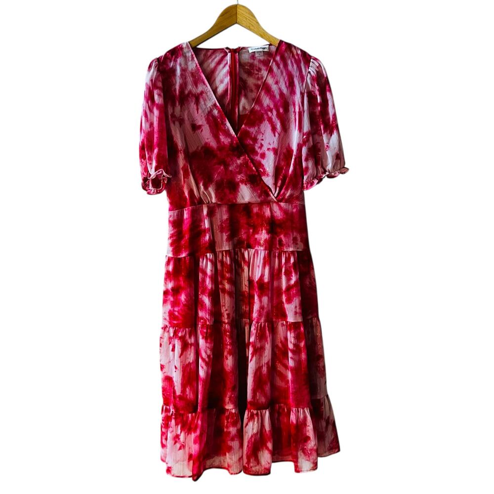 Calvin Klein Pink Multi Printed V-Neck Tiered Dress - Size 8